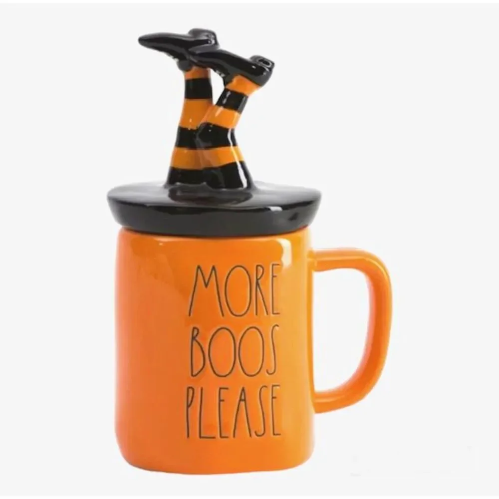 Rae Dunn MORE BOOS PLEASE Lidded Halloween Mug Witch's Legs Witchy Decor